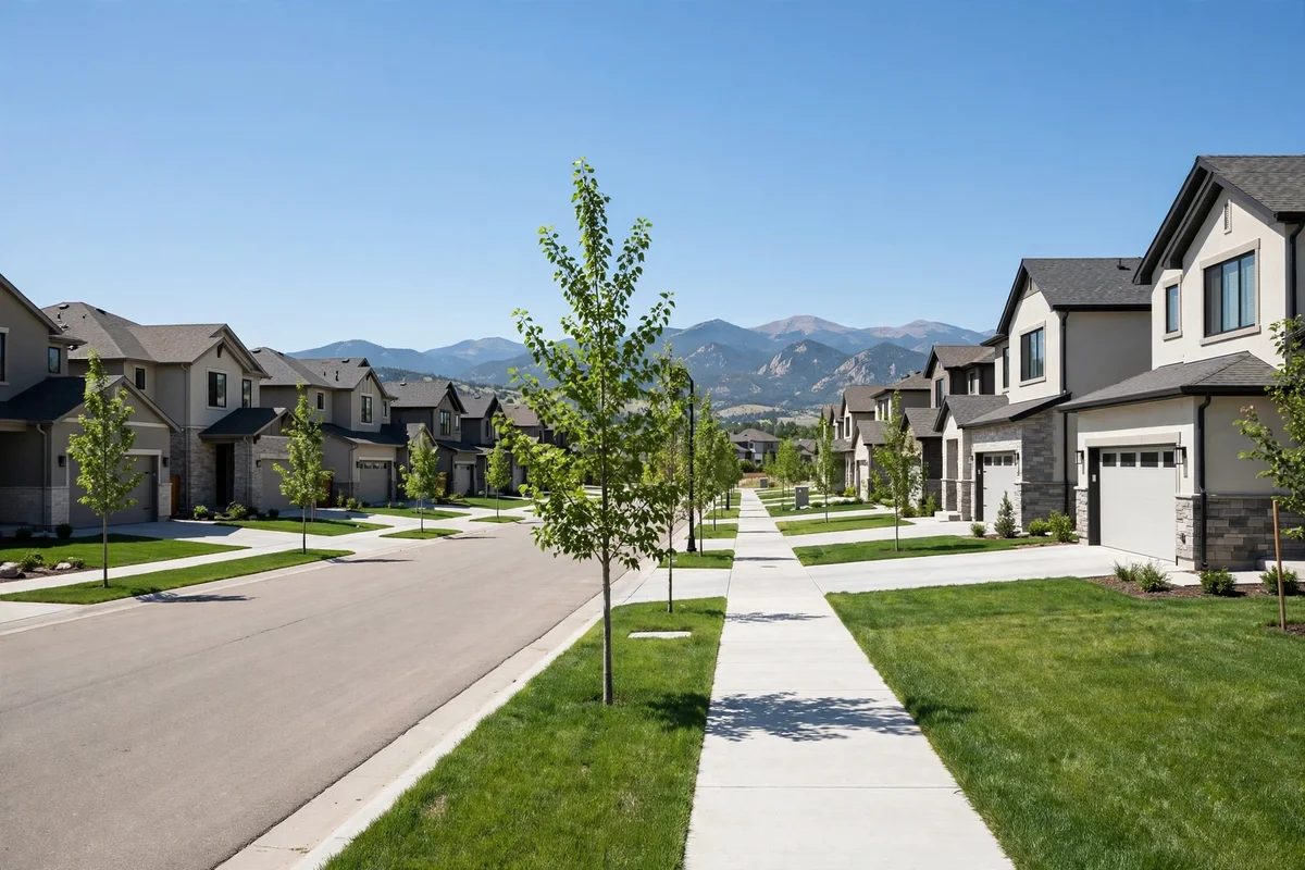 Newer master-planned homes on a quiet residential street in Anthem Highlands, Broomfield, Colorado