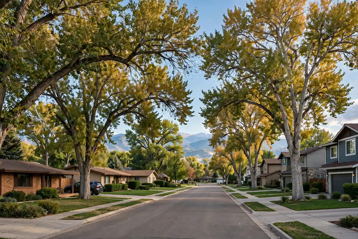 Established tree-lined residential street in Arvada, Colorado with mountains in the distance
