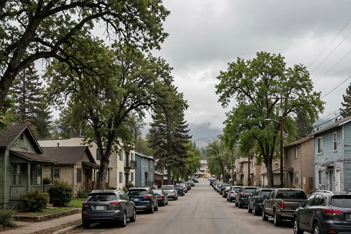 Dense central neighborhood street with older homes and apartment buildings in Broomfield City Center, Colorado