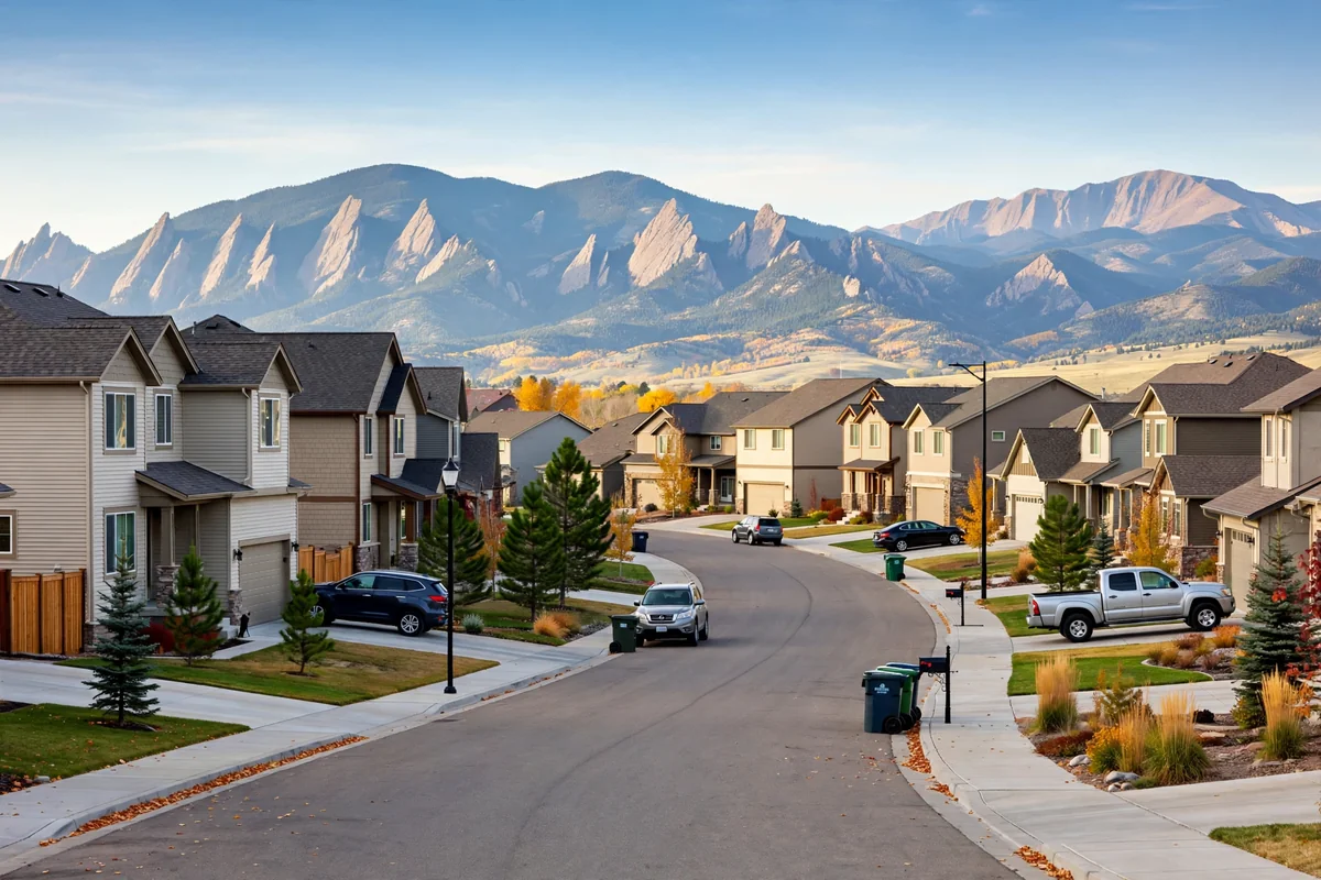 Colorado suburban street with the Flatirons on the horizon