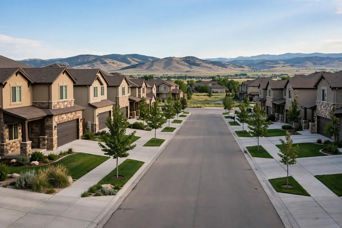 Mid-2000s subdivision homes on a landscaped street in the Wildgrass community of Broomfield, Colorado