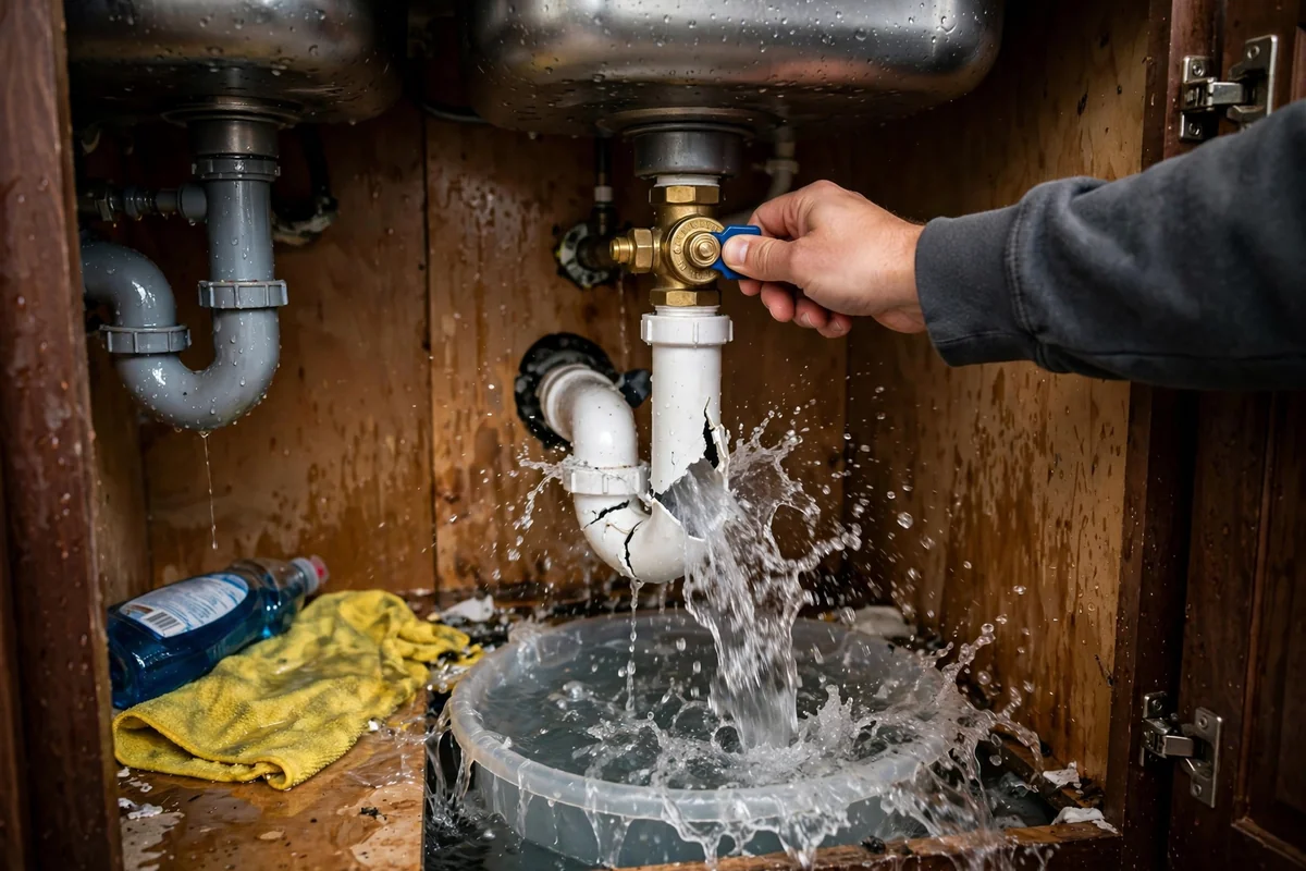 Homeowner turning a water shutoff valve under a sink during a plumbing emergency