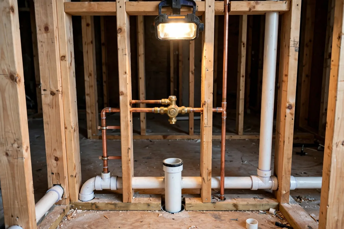 Exposed copper and PVC rough-in plumbing in an open bathroom wall during a remodel
