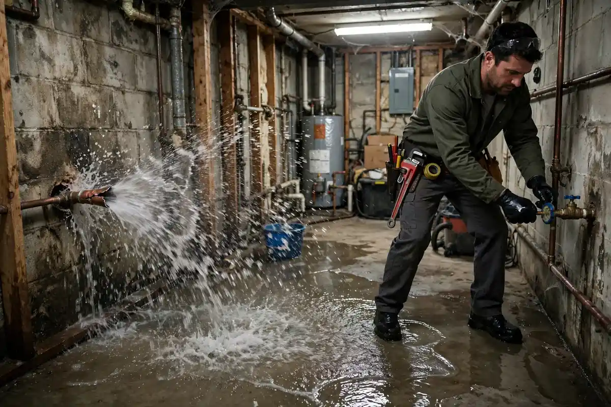 Plumber shutting off water at a burst pipe spraying water in a Broomfield home basement