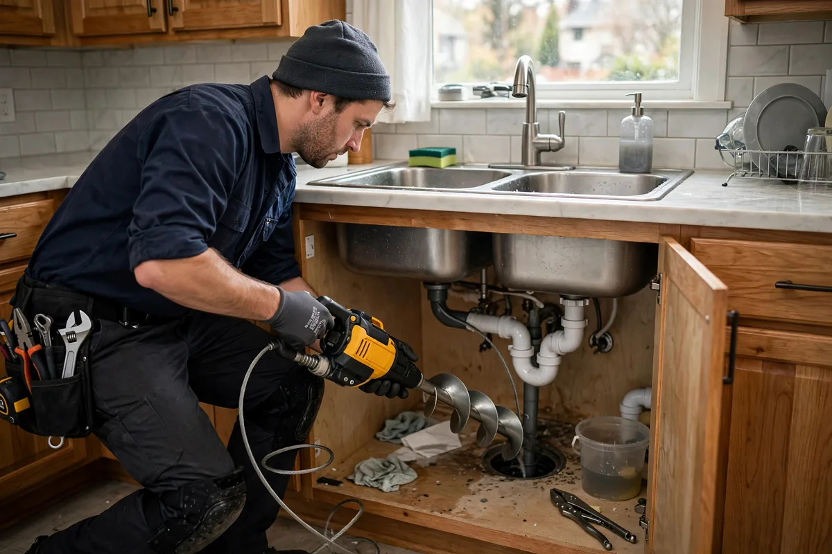 Technician using a drain auger to clear a clogged drain at a kitchen sink