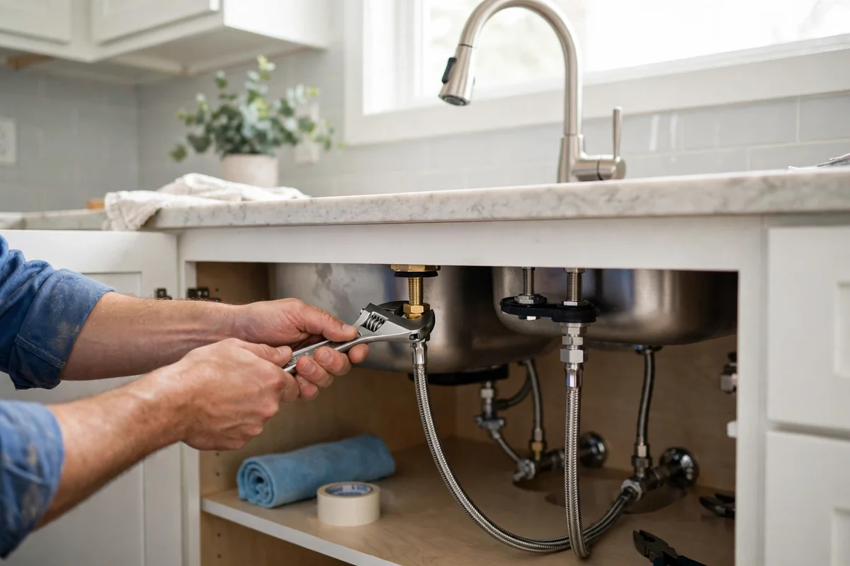 A new modern faucet being installed at a kitchen sink