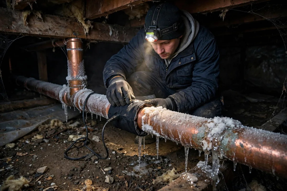 Plumber thawing a frost-covered frozen copper pipe with a heating pad in a residential crawlspace