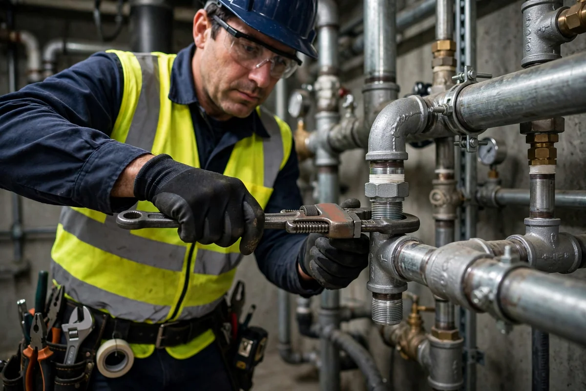 A technician working on gas line piping with proper tools