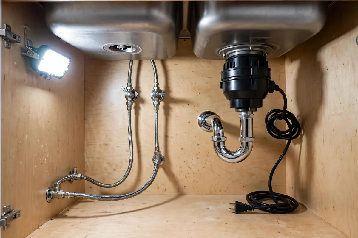 Supply lines, P-trap, garbage disposal, and dishwasher hookup under a modern kitchen sink