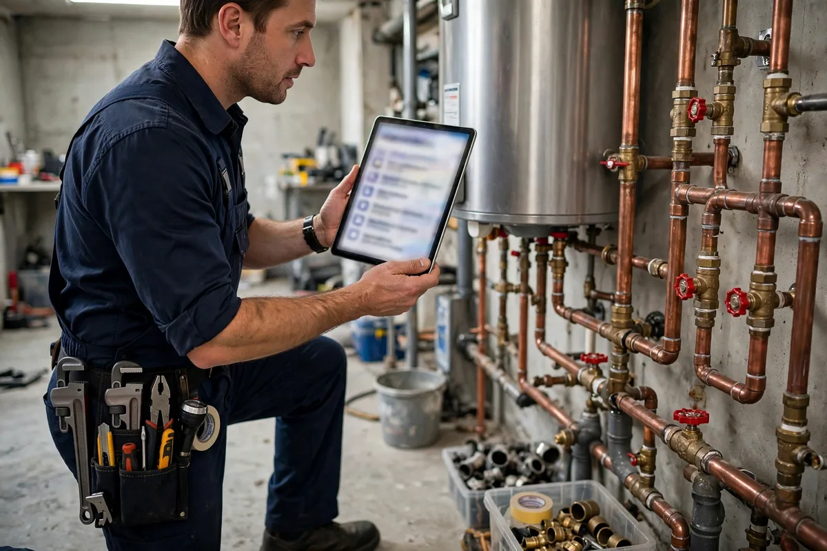 Plumber checking a water heater with a tablet during a whole-home plumbing inspection