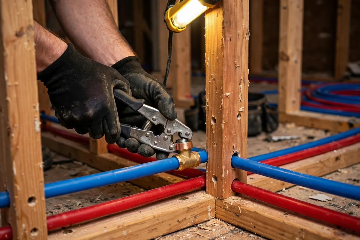 New red and blue PEX piping being installed through open wall framing in a home under renovation