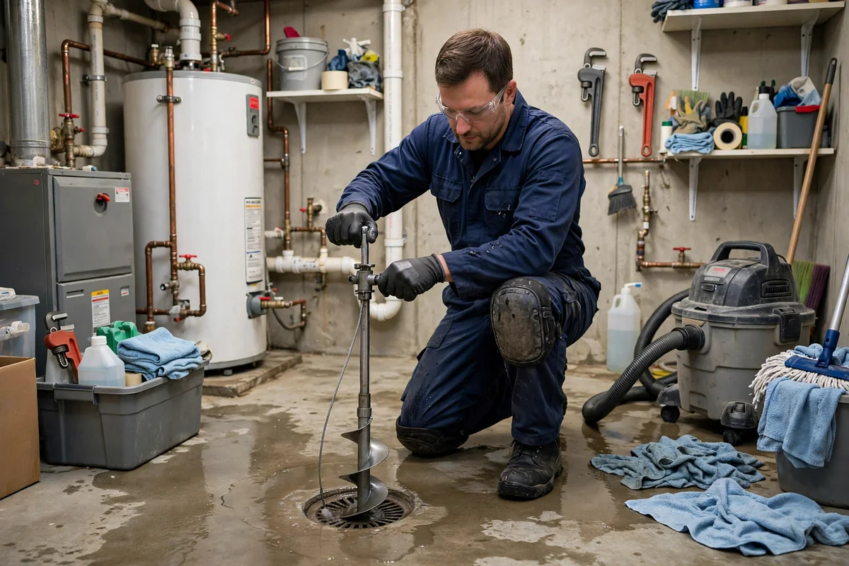 Technician using a drain auger at a floor drain during sewer backup cleanup in a home utility room