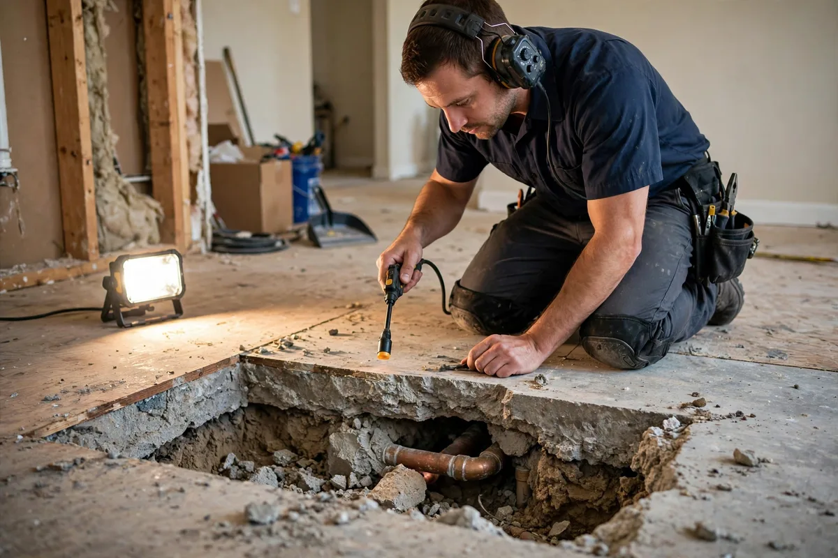 Plumber using acoustic leak detection equipment beside an exposed section of a home's concrete slab with copper pipe visible