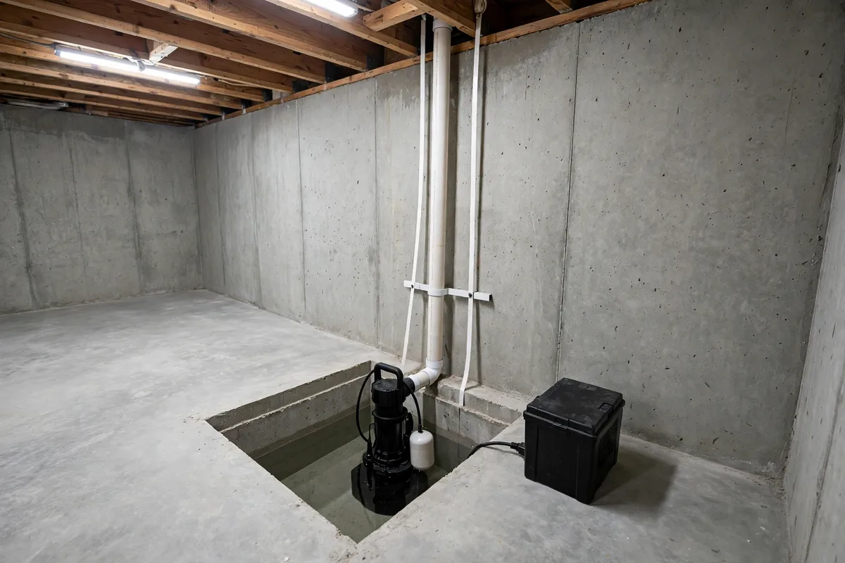 Sump pump with battery backup installed in a basement sump pit