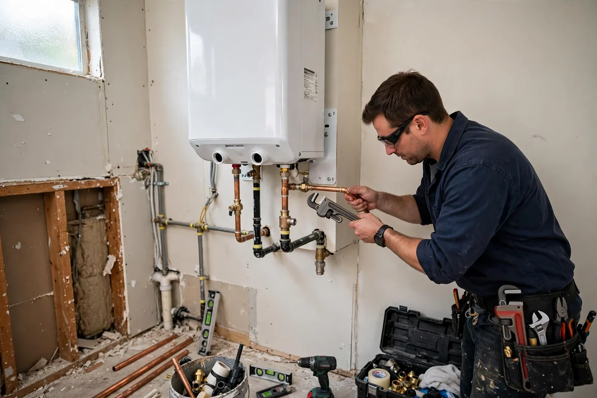 Wall-mounted tankless water heater unit installed on a residential wall in Broomfield