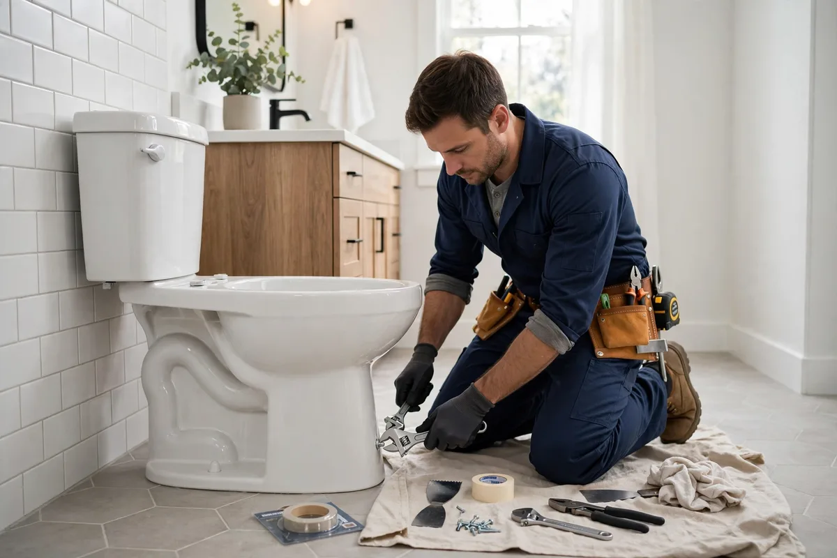 Plumber installing a new white porcelain toilet in a modern residential bathroom with tools nearby