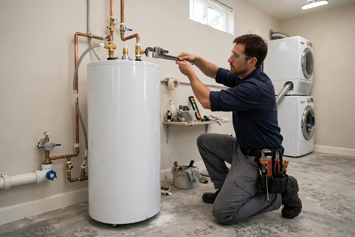 New tank water heater being installed by a technician in a clean residential utility room