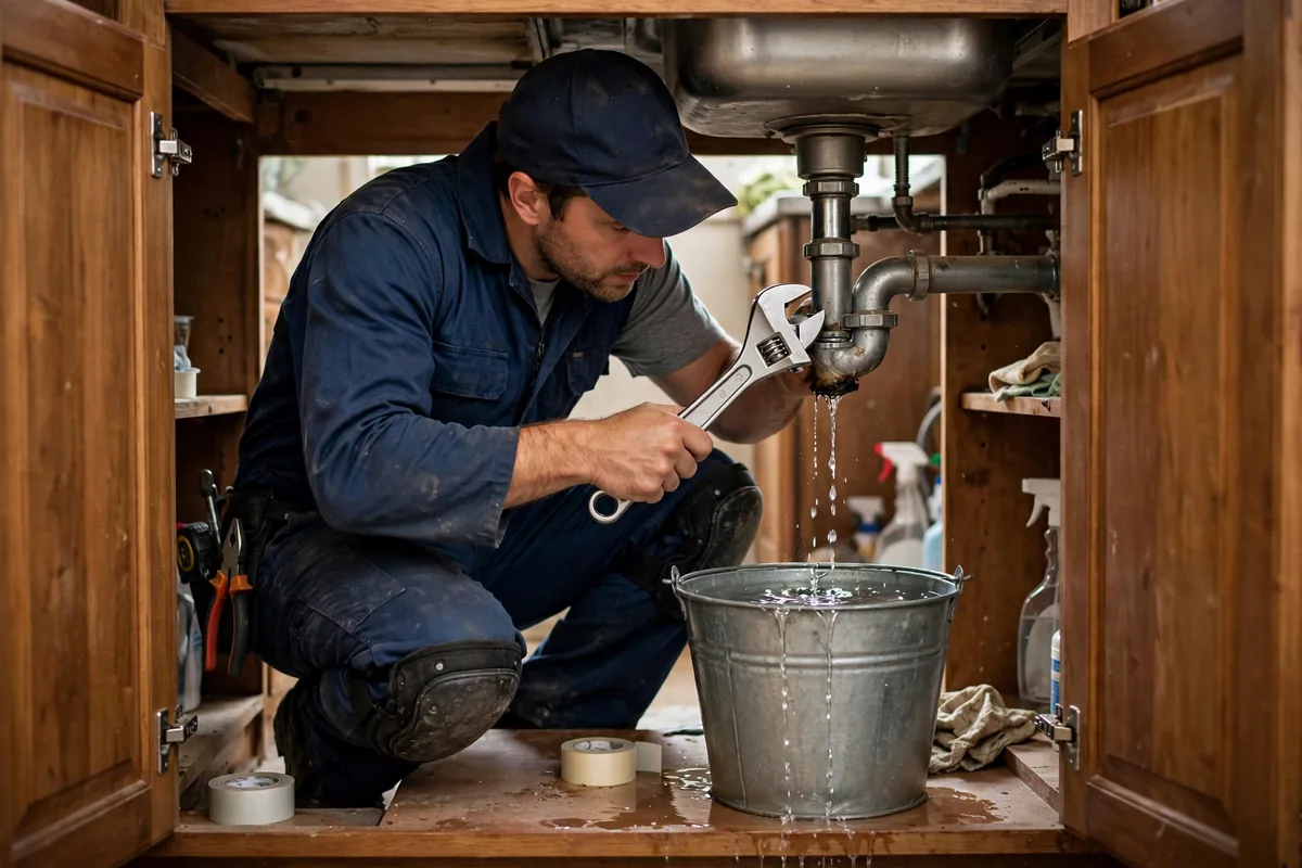 Plumber repairing a leaking pipe under a kitchen sink