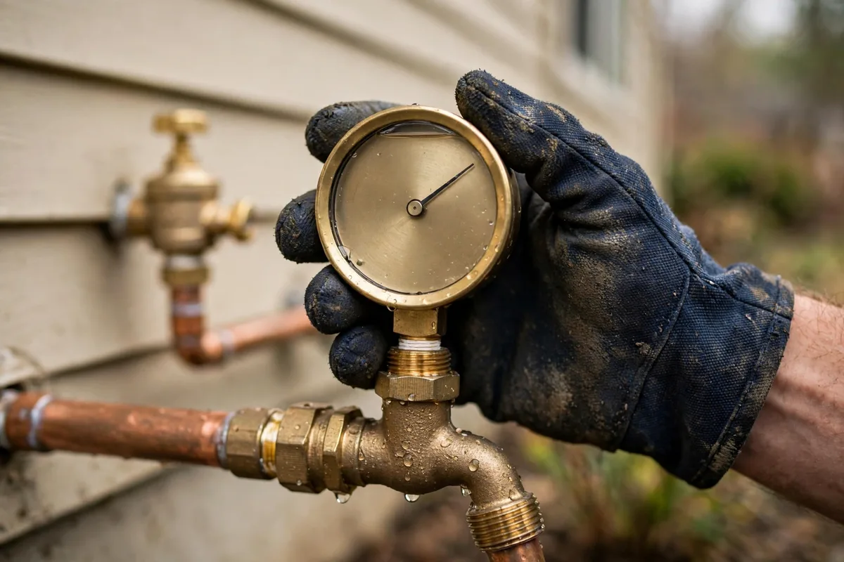 Water pressure gauge attached to a residential outdoor hose spigot with a pressure regulator valve nearby